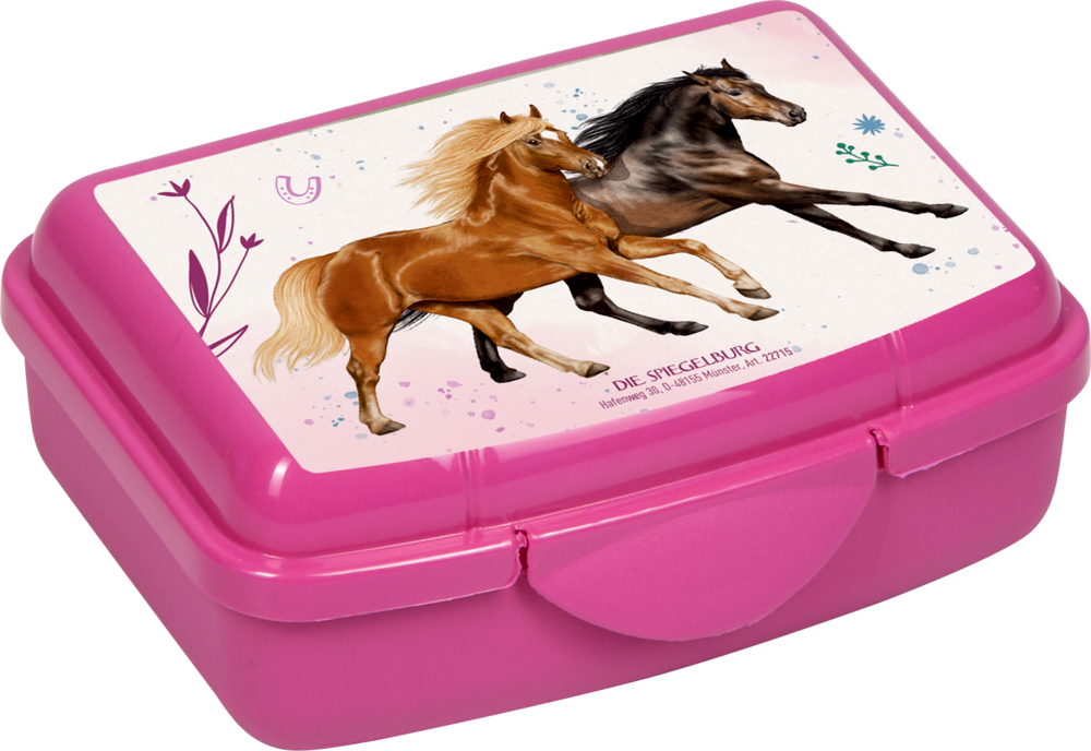 Kleine rosa Lunchbox mit zwei rennenden Pferden auf dem Deckel.