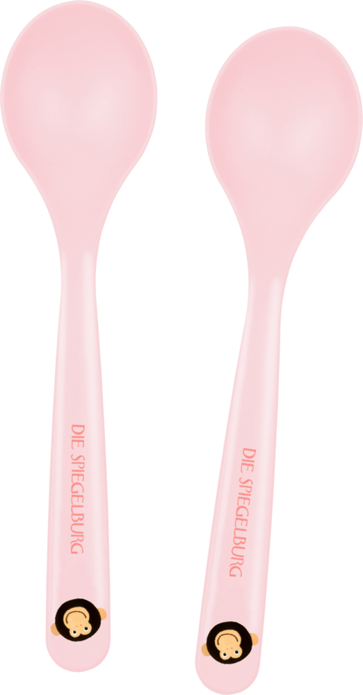 Löffel 2er-Set Affe - Freche Rasselbande Zwei rosa Löffel mit Affengesichtern und „DIE SPIEGELBURG“ auf den Griffen, nebeneinander platziert.