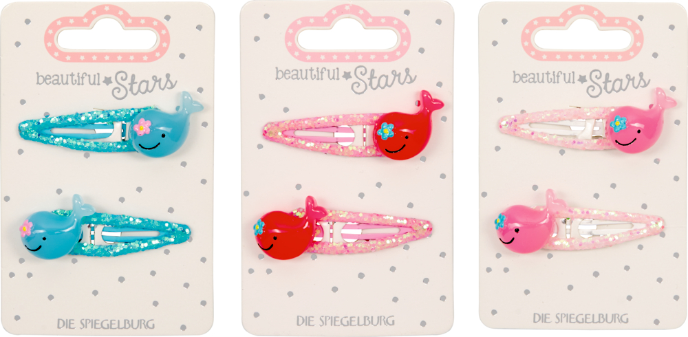 Drei Karten mit glitzernden Wal-Haarspangen in Blau, Pink und Rosa, jede Karte zeigt ein passendes Paar Spangen.