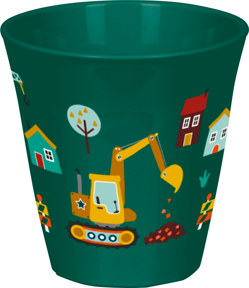 Becher Bagger Ed. 2 - Wenn ich mal groß bin, ... Grüner Becher mit Häuser, Bäumen und einem gelben Bagger.