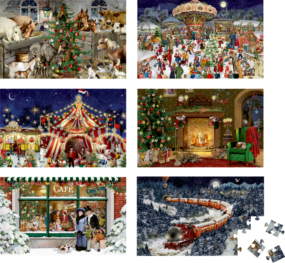 Mini-Puzzle (54 T.) - Festliche Weihnachten Sechs Mini-Puzzle: Tiere, Zirkus, Café, Zug, Kamin und ein lebhafter Jahrmarkt –, alles voller festlicher Stimmung.