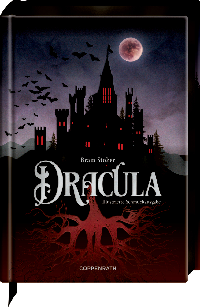 Große Schmuckausgabe: Bram Stoker, Dracula Gotische Burg bei Nacht mit Fledermäusen, Vollmond und „Dracula“ von Bram Stoker als Buchcover-Design.