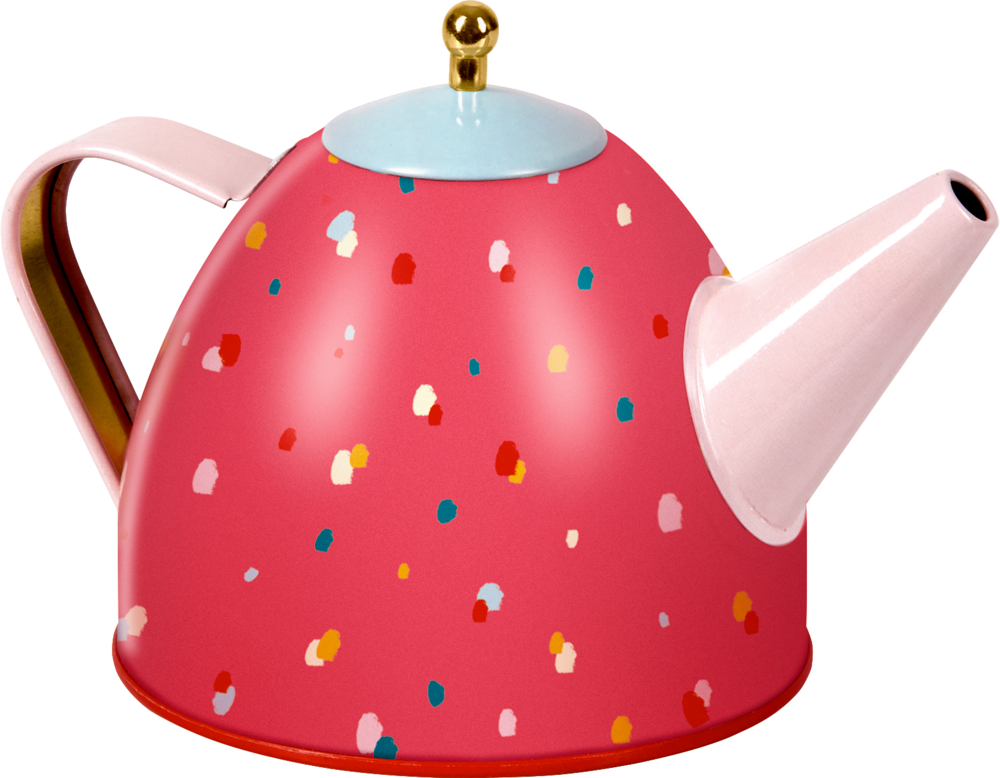 Rote Teekanne mit bunten Punkten, blauem Deckel mit goldenem Knauf und rosa Griff und Ausguss.