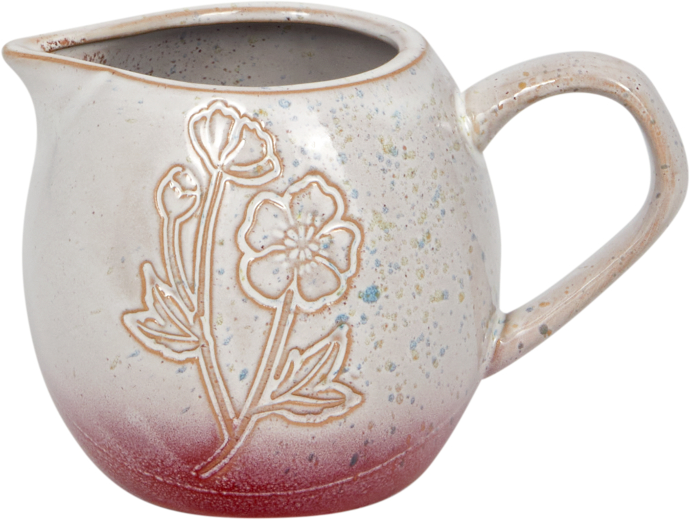 Kleines Keramikkännchen mit Blumenmuster, rosa Boden, Griff und Ausguss zum Ausgießen.