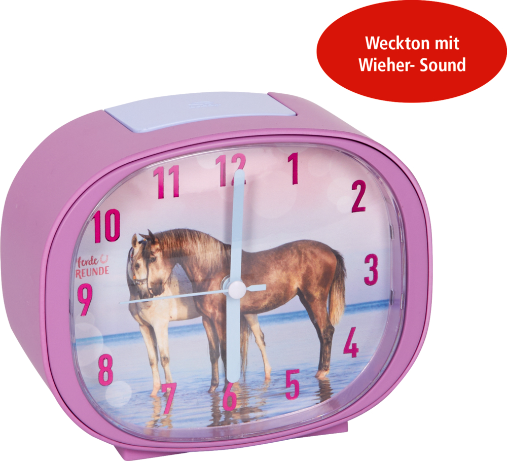 Fliederfarbener Wecker mit Pferdemotiv und deutschem Text: „Alarm mit Wiehern“.