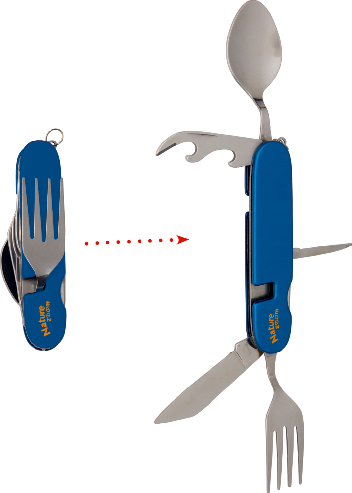 Geöffnetes blaues Multifunktionswerkzeug mit Gabel, Messer, Löffel und Flaschenöffner.