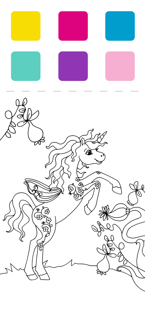 Ein lächelndes Einhorn mit Blumen, darüber sechs Farbfelder in Gelb, Pink, Blau, Türkis, Lila und Hellpink.