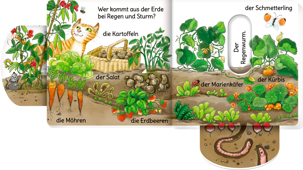 Gartenpflanzen, Gemüse, eine Katze und Insekten sind abgebildet. Jedes Element ist mit einem Wort beschriftet.