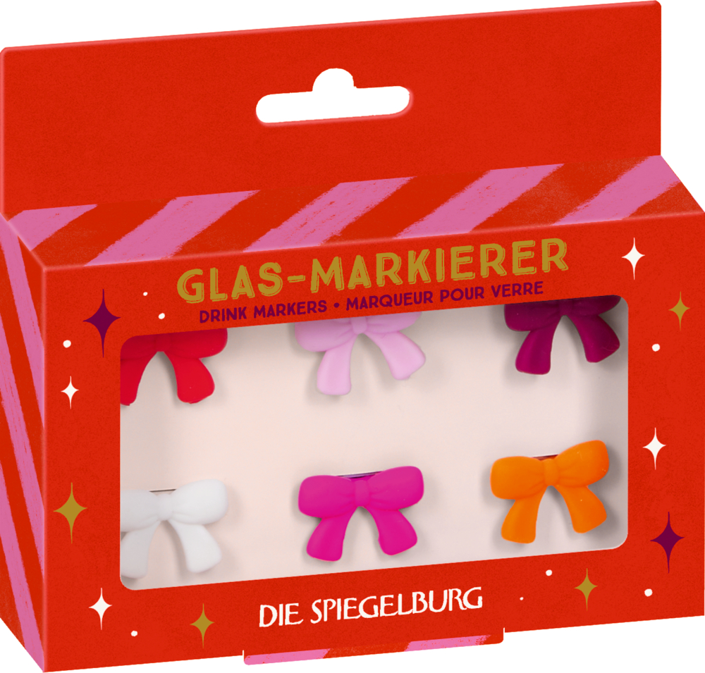 Sechs Schleifen-förmige Glasmarkierer in Rot, Rosa, Weiß, Pink, Orange und Dunkellila in roter Verpackung mit Sichtfenster.