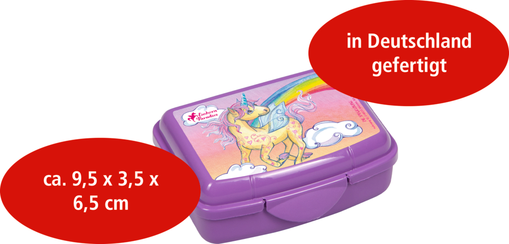 Lila Dose mit Einhorn- und Regenbogenmotiv.