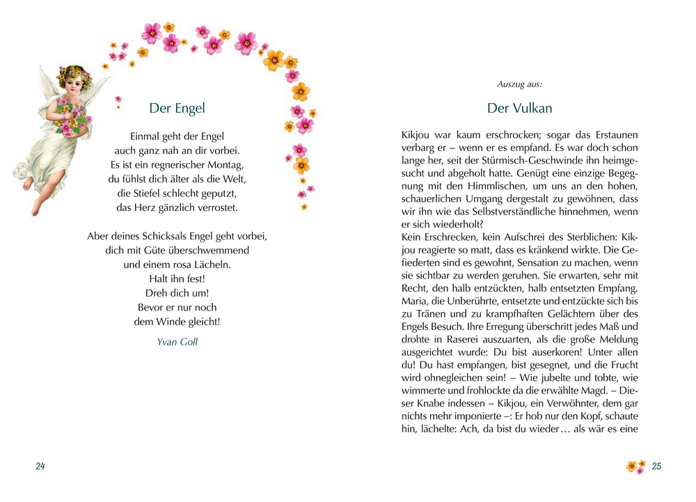 Ein Gedicht mit dem Titel Der Engel. Eine Illustration zeigt einen Engel, umgeben von Blumen auf einer Buchseite.