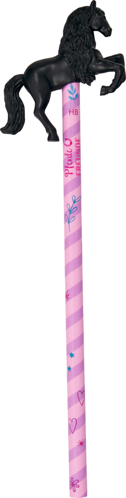 Ein Bleistift mit pinken Streifen und Herzmotiven und einer schwarzen Pferdefigur als Aufsatz.