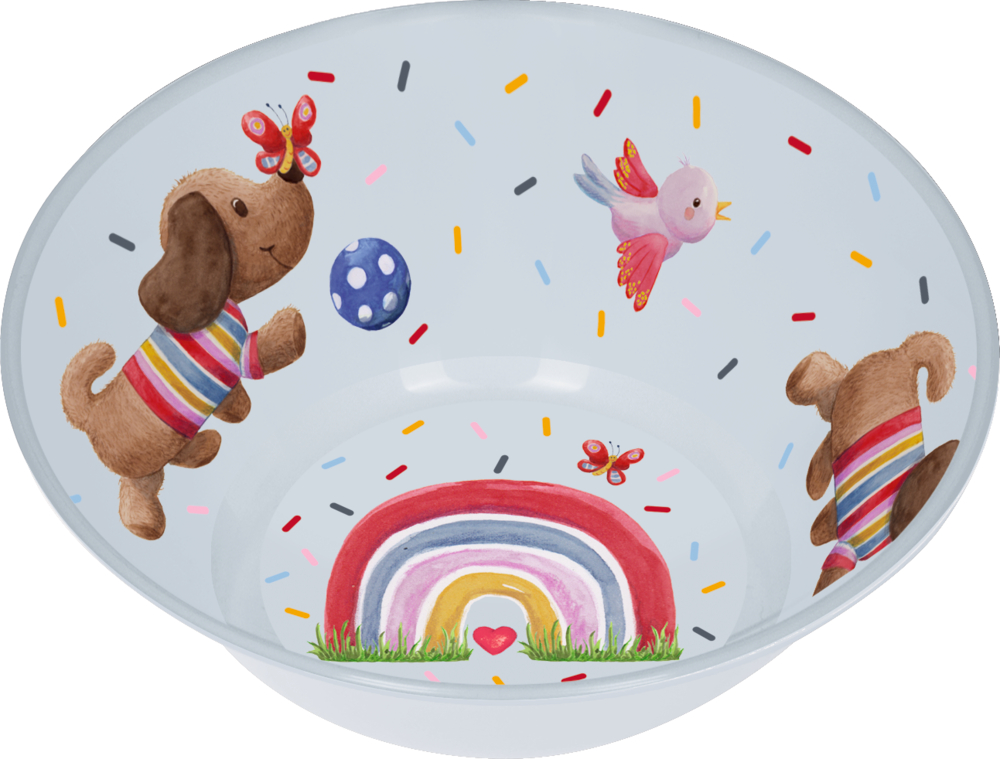 Schale Dackel - BabyGlück Hellblaue Schüssel mit buntem Hunde-, Vogel-, Regenbogen- und Streuselmuster.