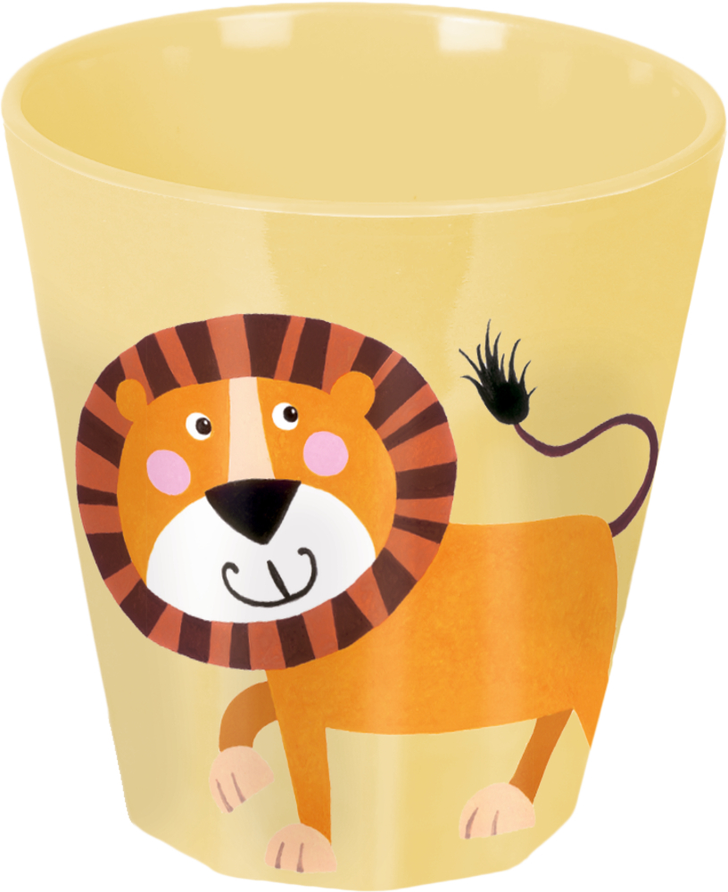 Becher Löwe - Freche Rasselbande Gelber Becher mit einem süßen Cartoon-Löwen mit gestreifter Mähne und lächelndem Gesicht.