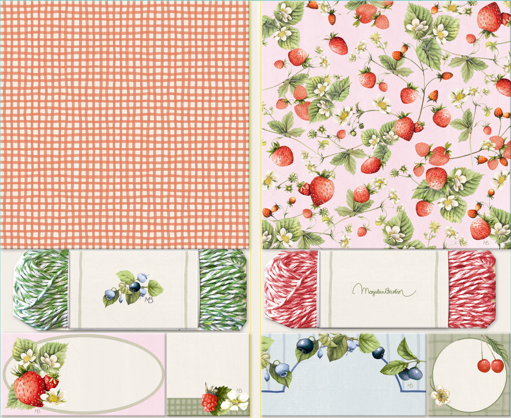 Vier gemusterte Papiere und vier passende Geschenkanhänger mit Erdbeeren, Heidelbeeren, rotem und grünem Garn.