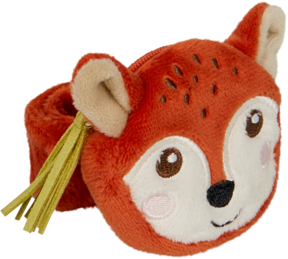 Plüsch-Reißverschlusstasche fürs Handgelenk in Fuchsform mit Stickdetails und gelbem Quastenanhänger.