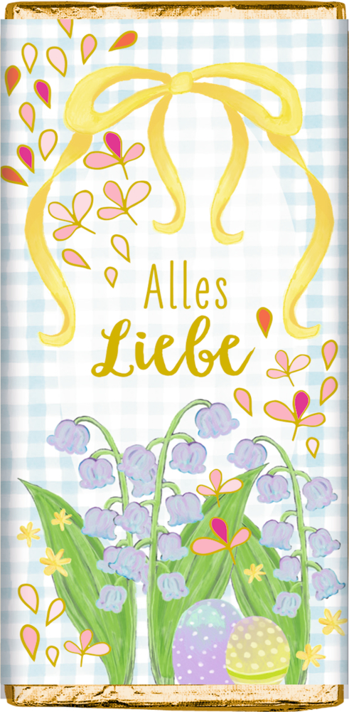 Schokoladenverpackung mit Blumen, verzierten Eiern, gelber Schleife und dem Text Alles Liebe.