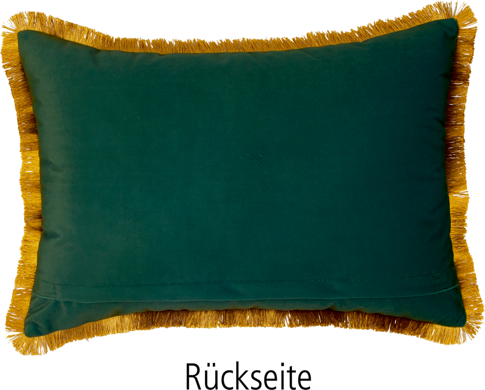 Dunkelgrünes rechteckiges Kissen mit goldenem Fransenbesatz, von hinten abgebildet, unten mit „Rückseite“ beschriftet.