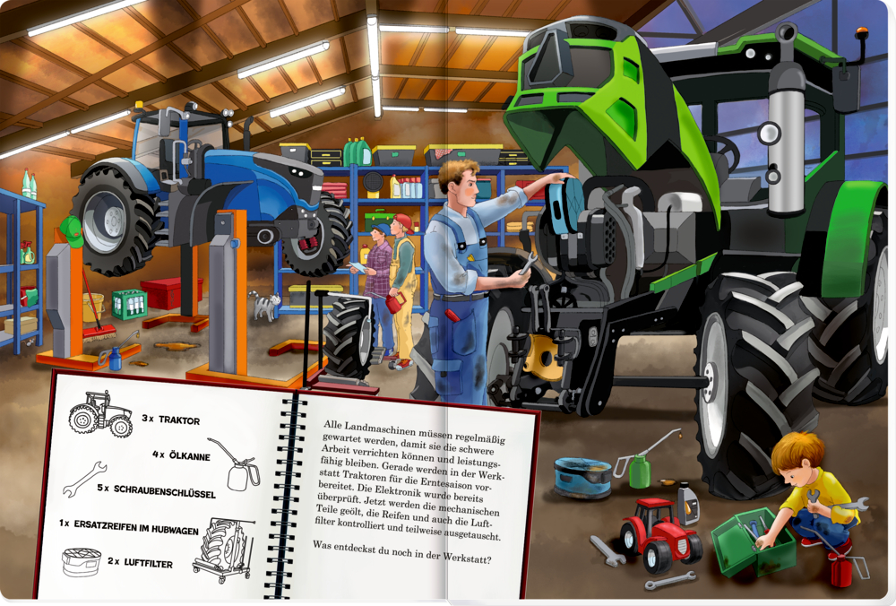 Ein Mechaniker repariert in einer Werkstatt einen grünen Traktor, während ein Kind mit Spielzeugwerkzeug spielt, auf einer Doppelseite mit Text.