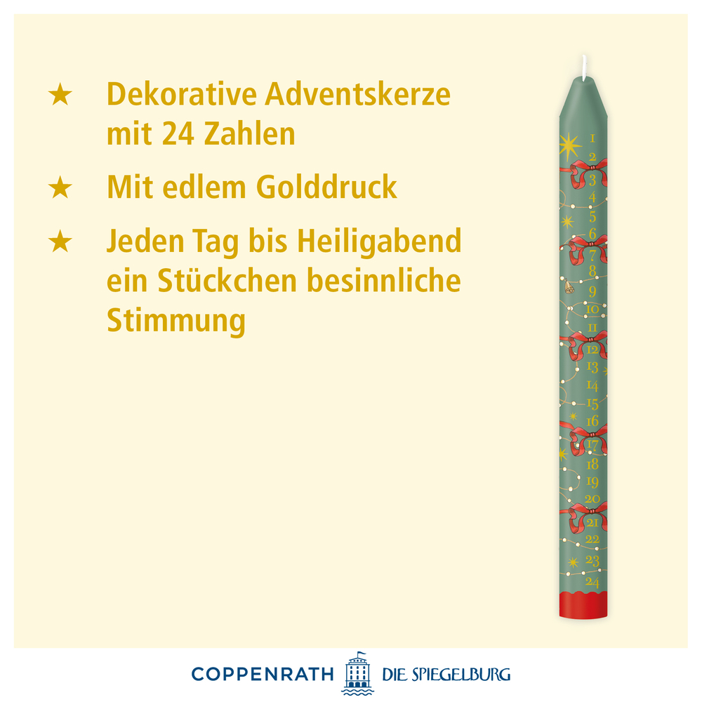 Grüne Adventskerze mit goldenen Zahlen von 1 bis 24 und roten Schleifenmotiven auf hellem Hintergrund.