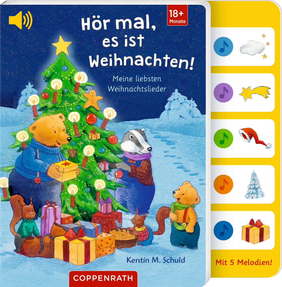 Buchcover mit Tieren, die in einer nächtlichzen Winterlandschaft einen Weihnachtsbaum schmücken. Rechts befinden sich Knöpfe zum Abspielen von Melodien.