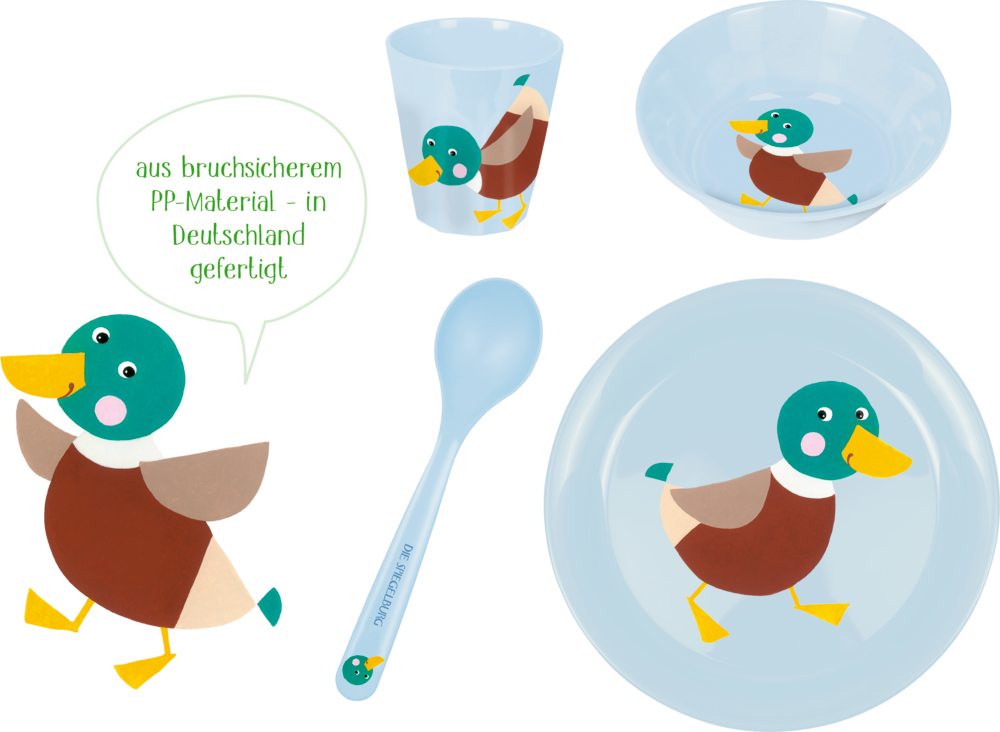 Kindergeschirrset mit Cartoon-Enten: Becher, Schüssel, Teller, Löffel und eine Sprechblase mit deutschem Text.