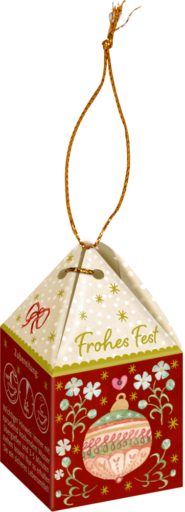 Rot-goldene Teeschachtel mit Ornament-Design, goldener Kordel, „Frohes Fest“-Schriftzug.