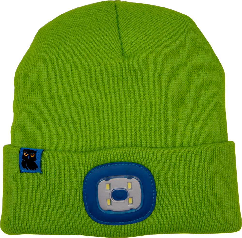 Leuchtend grüne Strickmütze mit integriertem LED-Licht und kleinem Eulen-Patch am Bündchen.