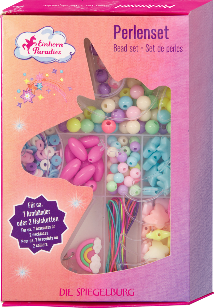 Perlenset mit Einhornmotiv, bunten Perlen, Schnüren und Anhängern zur Schmuckherstellung.
