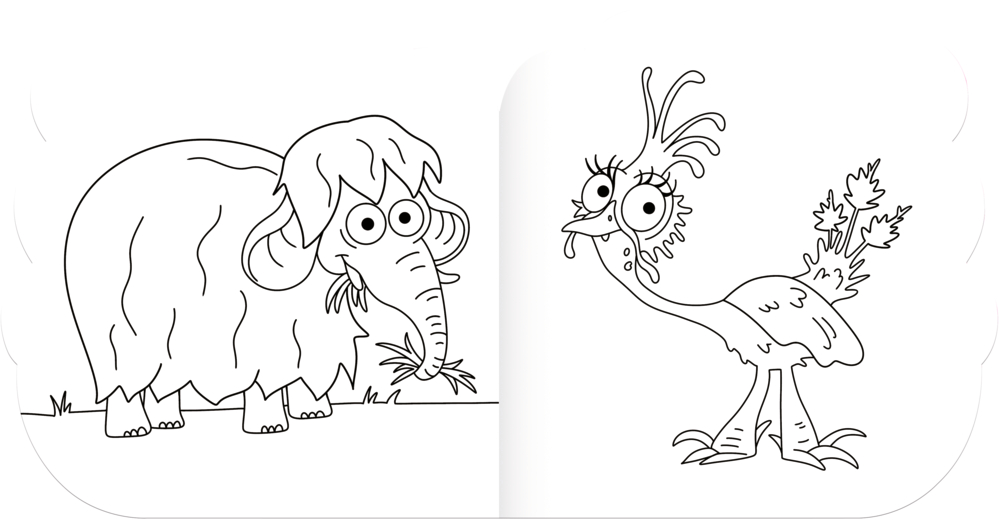 Cartoon-Mammut links und Vogel rechts, beide mit großen Augen und verspieltem Gesichtsausdruck auf einer Ausmalseite.