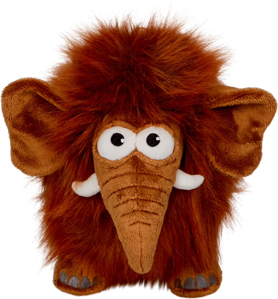 Plüsch-Mammutspielzeug mit zotteligem braunem Fell, großen Ohren und weißen Stoßzähnen, nach vorne gerichtet dargestellt.