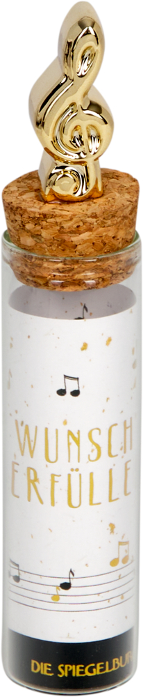 Ein Glasgefäß mit Korkdeckel, darauf ein goldener Violinschlüssel. Etikett mit Aufschrift Wunsch Erfüller.