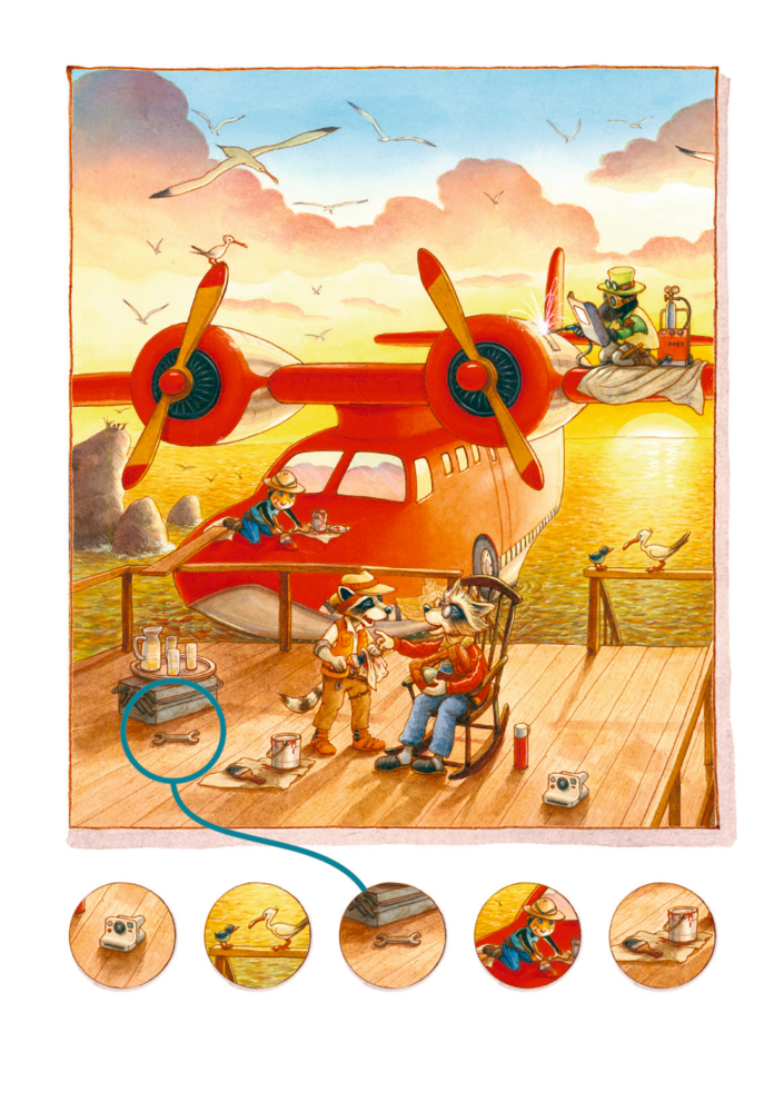 Zwei Abenteurer entspannen bei Sonnenuntergang mit Snacks und Getränken an einem roten Wasserflugzeug, auf einer Rätselseite.