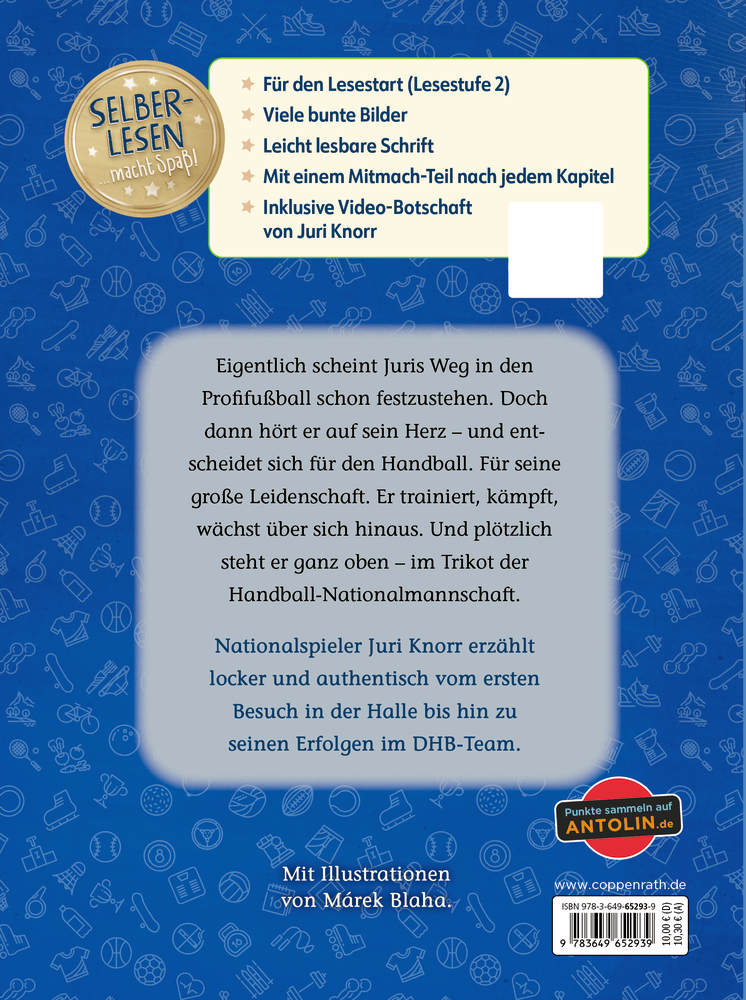 Rückseite eines Kinderbuchs mit Text über Juri Knorr, seine Handballkarriere und Buchmerkmale auf blauem Hintergrund.