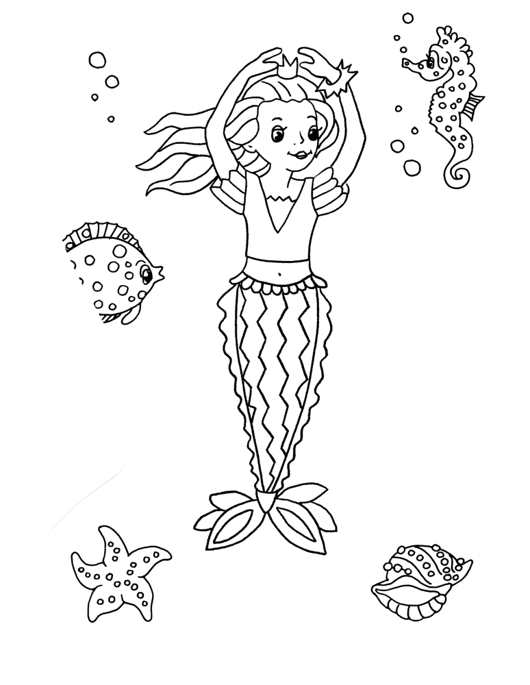 Eine Meerjungfrau schwimmt unter Wasser. Ein Fisch, ein Seepferdchen, ein Seestern und eine Muschel sind daneben.