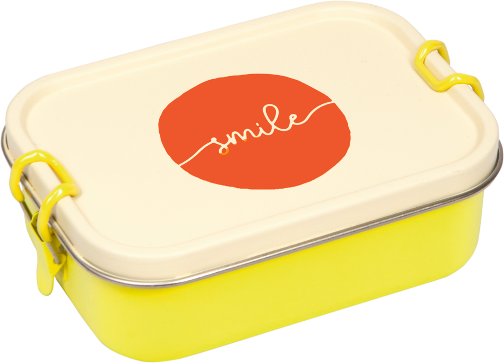 Eine gelbe Lunchbox mit einem cremefarbenen Deckel, orangenem Kreis und Schriftzug smile.