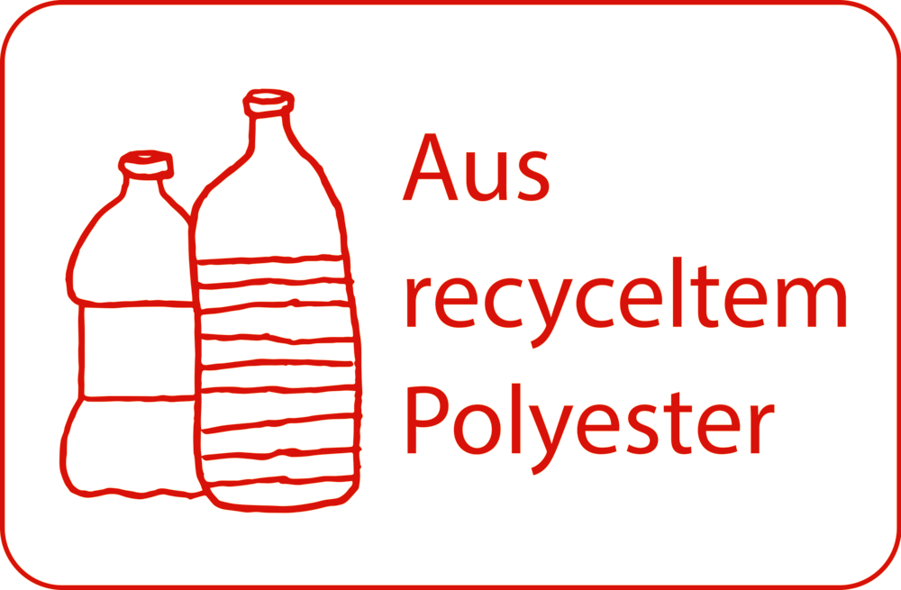 Zwei Plastikflaschen mit rotem Rand neben dem deutschen Text „Aus recyceltem Polyester“ auf weißem Hintergrund.