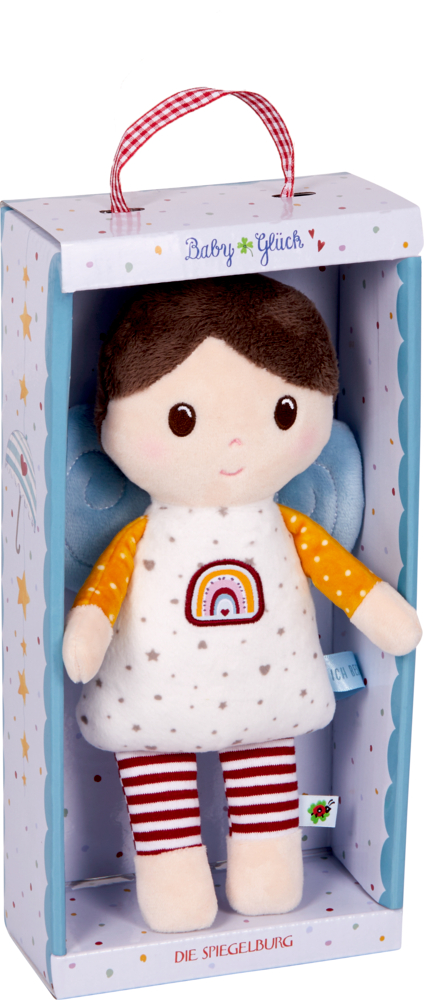 Stoffengelpuppe in einer hellblauen Geschenkschachtel mit großem Sichtbereich und Aufhängeschlaufe.