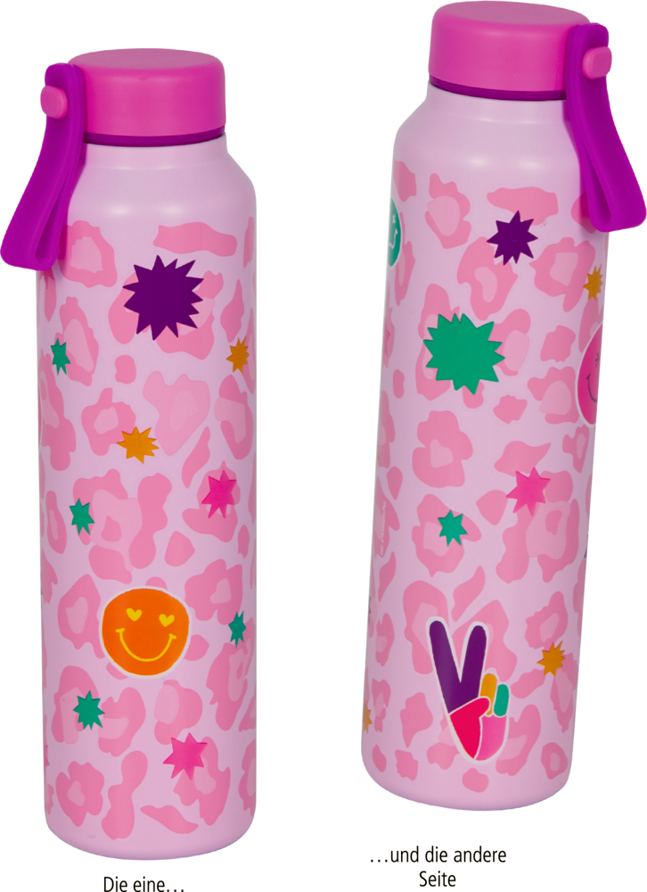 Zwei rosa Isolierflaschen mit violetten Deckeln, mit bunten Sternen, Smileys und abstrakten Formen.