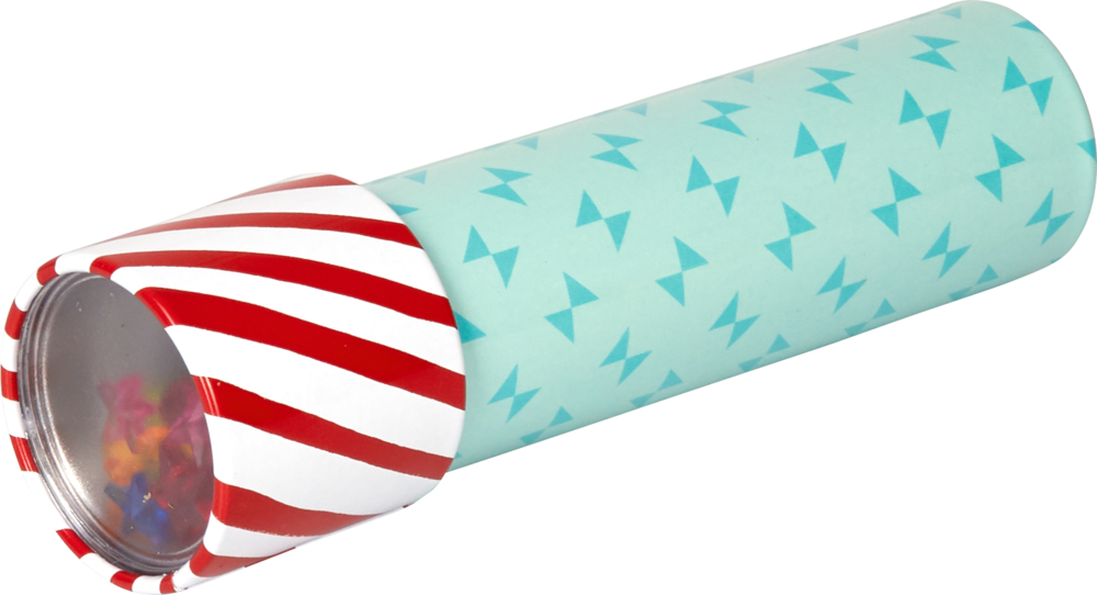 Ein Spielzeugkaleidoskop mit hellblauem Körper und rot-weiß gestreiftem Sockel. Darstellung des Sichtfensters bunten Streudetails.