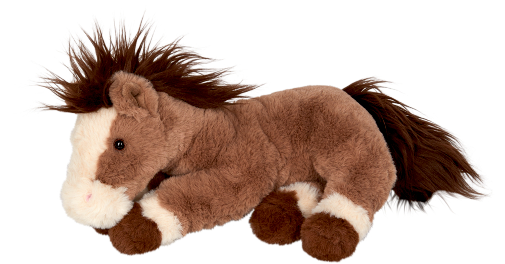 Liegendes Pony Toni - Mein kleiner Ponyhof Liegendes Plüschpferd in Braun und Weiß mit flauschiger Mähne und Schweif.