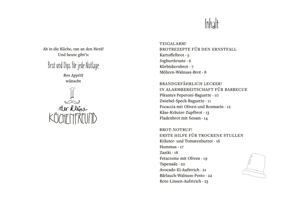 Inhaltsverzeichnis mit Rezepten und Küchenmotiven.