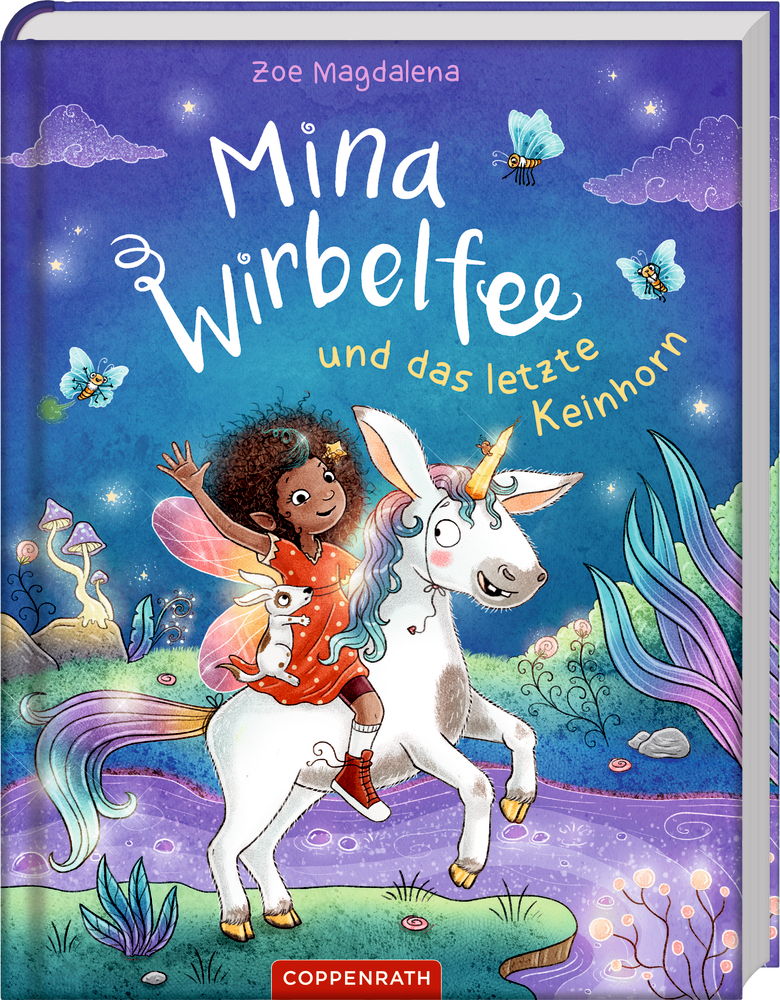 Mina Wirbelfee und das letzte Keinhorn (Bd.3) Ein fröhliches Mädchen mit Locken reitet auf einem lächelnden Einhorn durch einen leuchtenden, farbenfrohen Zauberwald, auf dem Cover von "Mina Wirbelfee und das letzte Keinhorn"