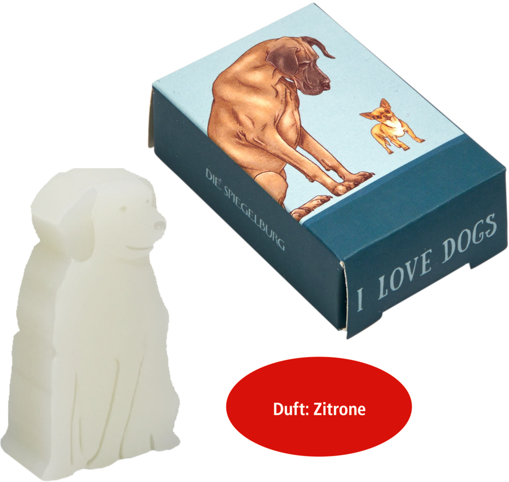 Weiße Seife in Hundeform in einer Schachtel mit der Aufschrift „I LOVE DOGS“ und einem roten Etikett: Duft: Zitrone.