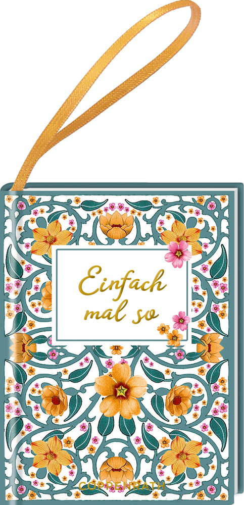 Ein Ornament mit gelbem Blumenmuster, gelbem Band und dem Text Einfach mal so.