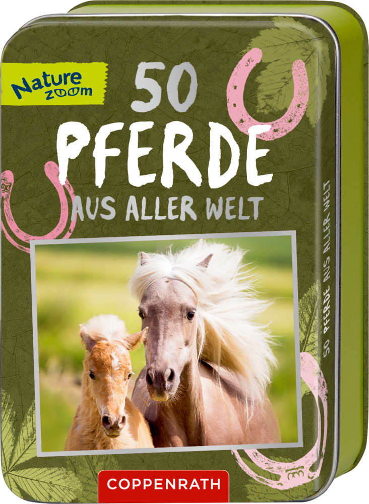 50 Pferde aus aller Welt - Nature Zoom (Blechdose) Grüne Blechdose mit der Aufschrift „50 Pferde“ zeigt auf der Vorderseite zwei Pferde und rosa Hufeisenmotive.