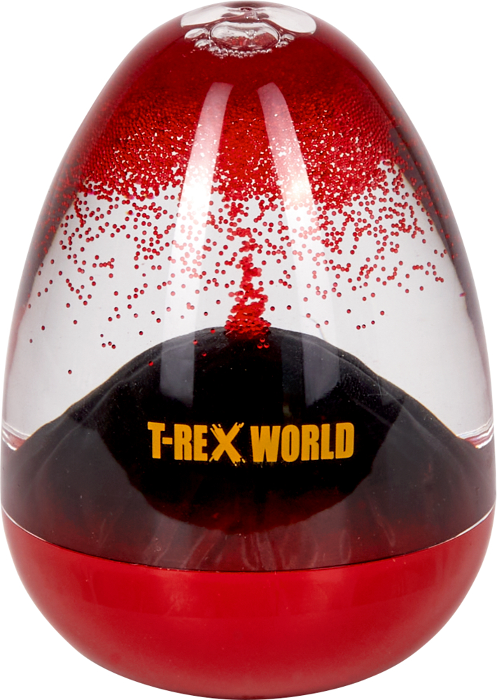 Roter, durchsichtiger, eiförmiger Behälter mit T-REX WORLD-Etikett und wirbelndem Glitzer im Inneren.