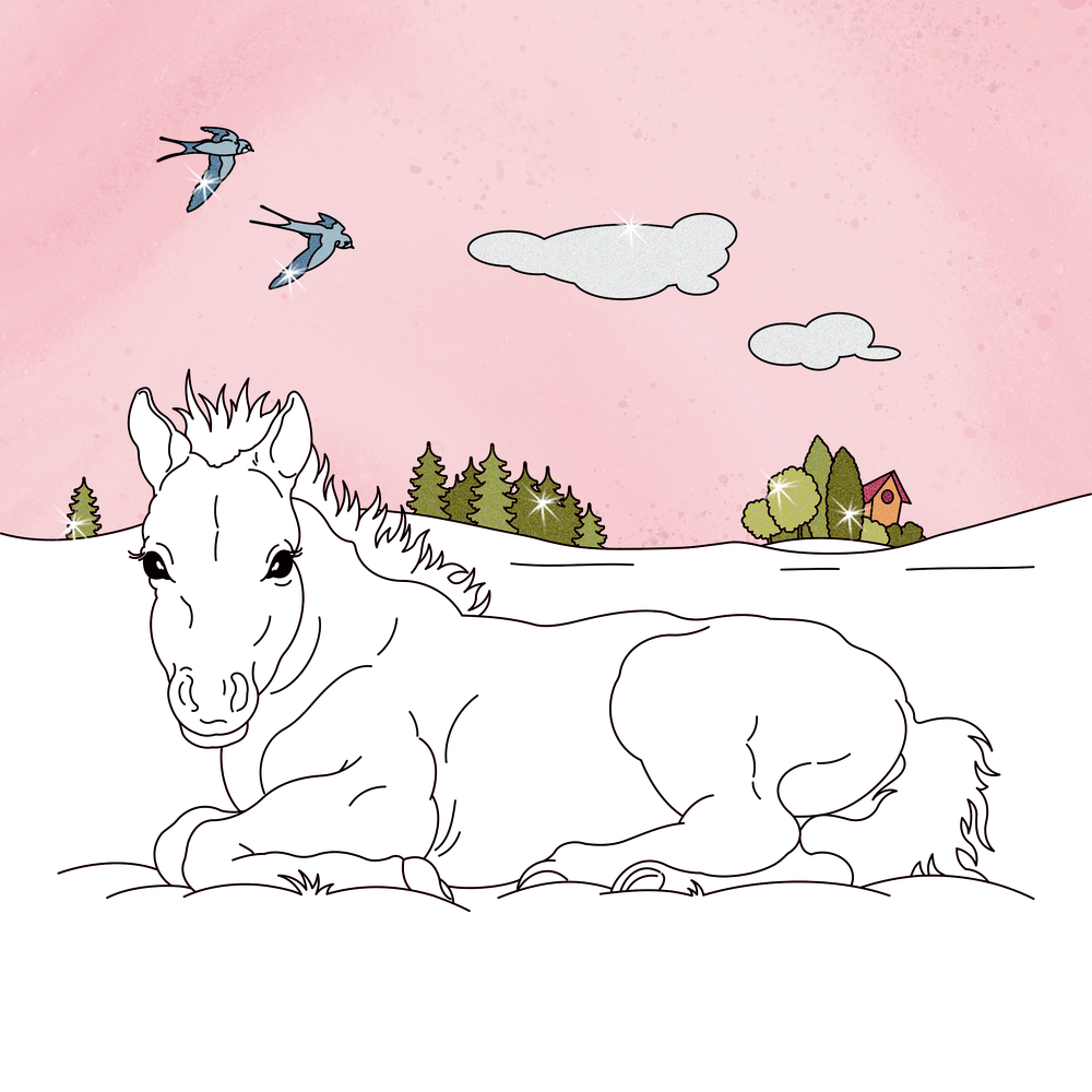 AUsmalseite mit einem Fohlen, das auf einer Wiese liegt.