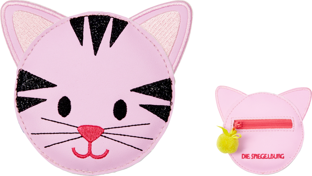 Katze, Kleines Portmonee Bunte Geschenke (Tierkopf) Rundes, pinkes Katzengeldtäschchen mit schwarzen Streifen, Schnurrhaaren und gelbem Pompon am Reißverschluss.