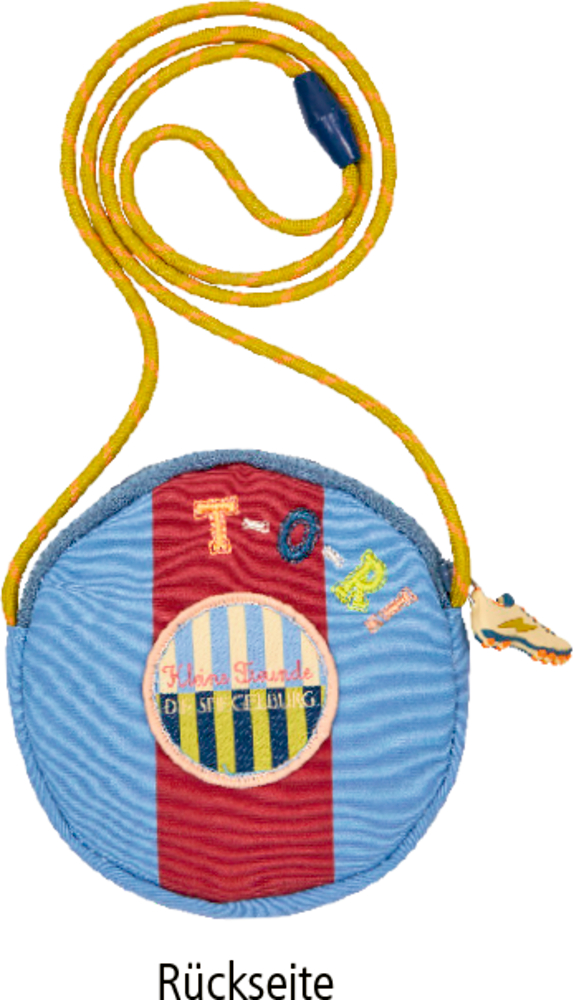 Blau-rot gestreifter runder Beutel mit gelbem Riemen und Stickerei zum Thema Fußball.